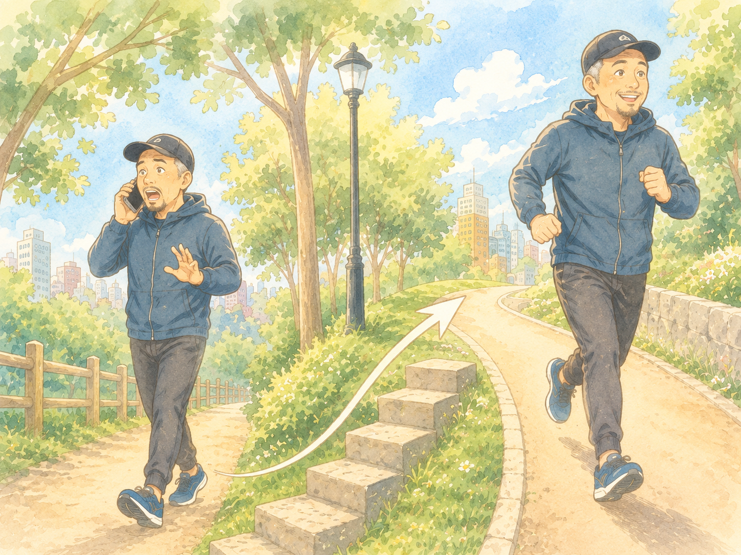 ウォーキングから少しずつランニングへ進むイメージイラスト