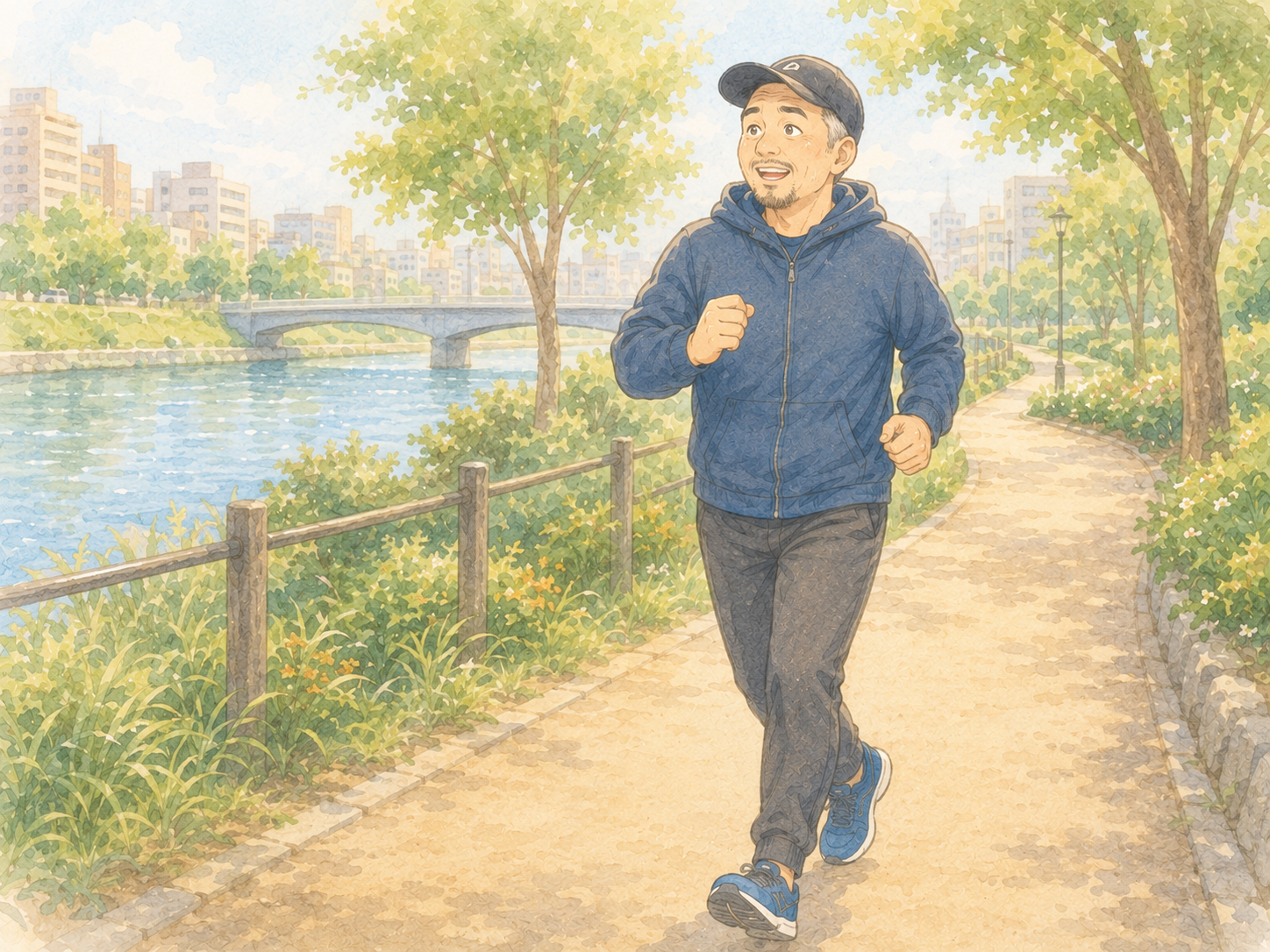 膝に痛みが出ず川沿いを超ゆっくりペースで走れて嬉しいランナーのイメージイラスト