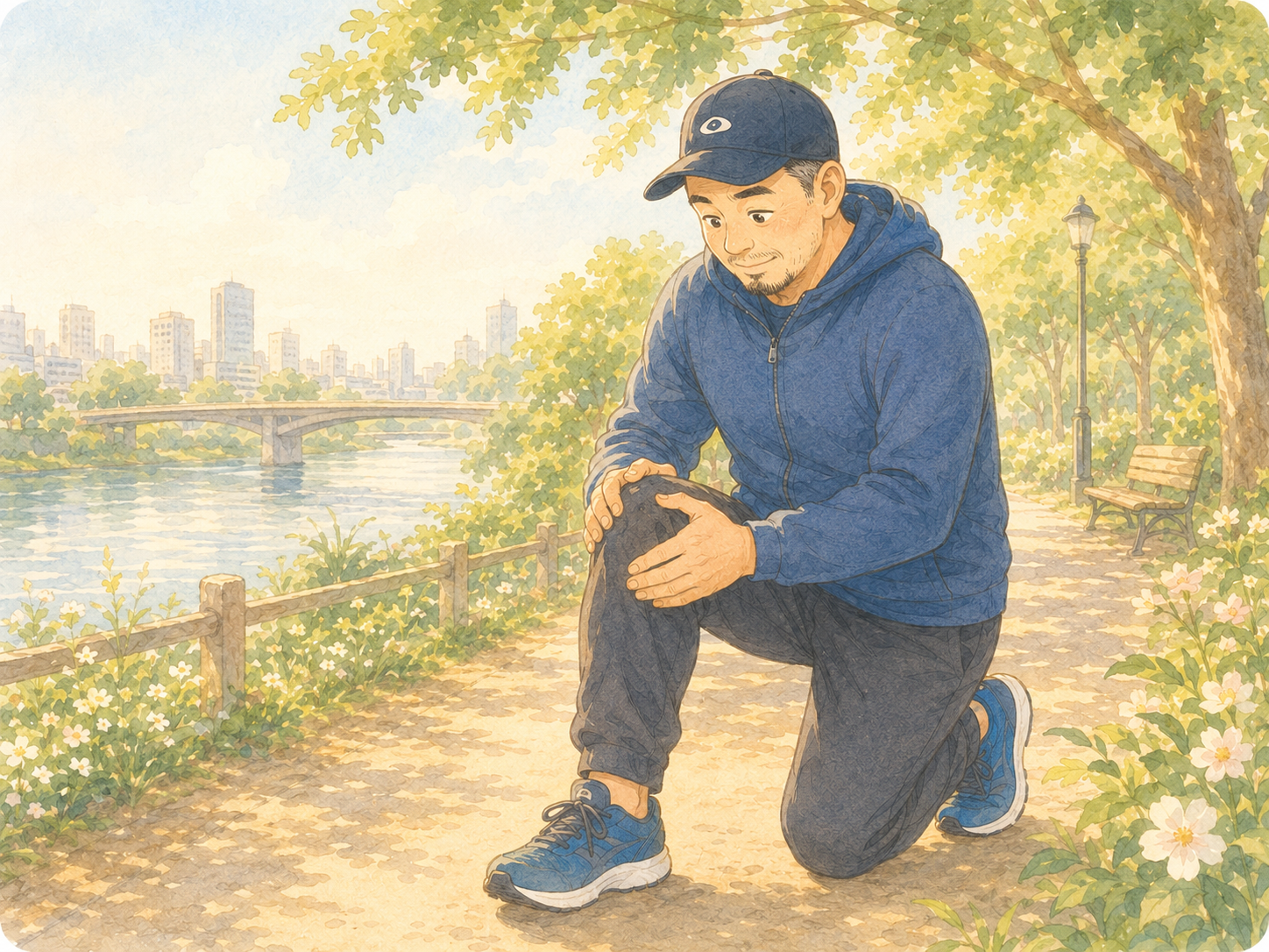 走ったあと膝の状態を確かめながら自分の体と相談するランナーのイメージイラスト