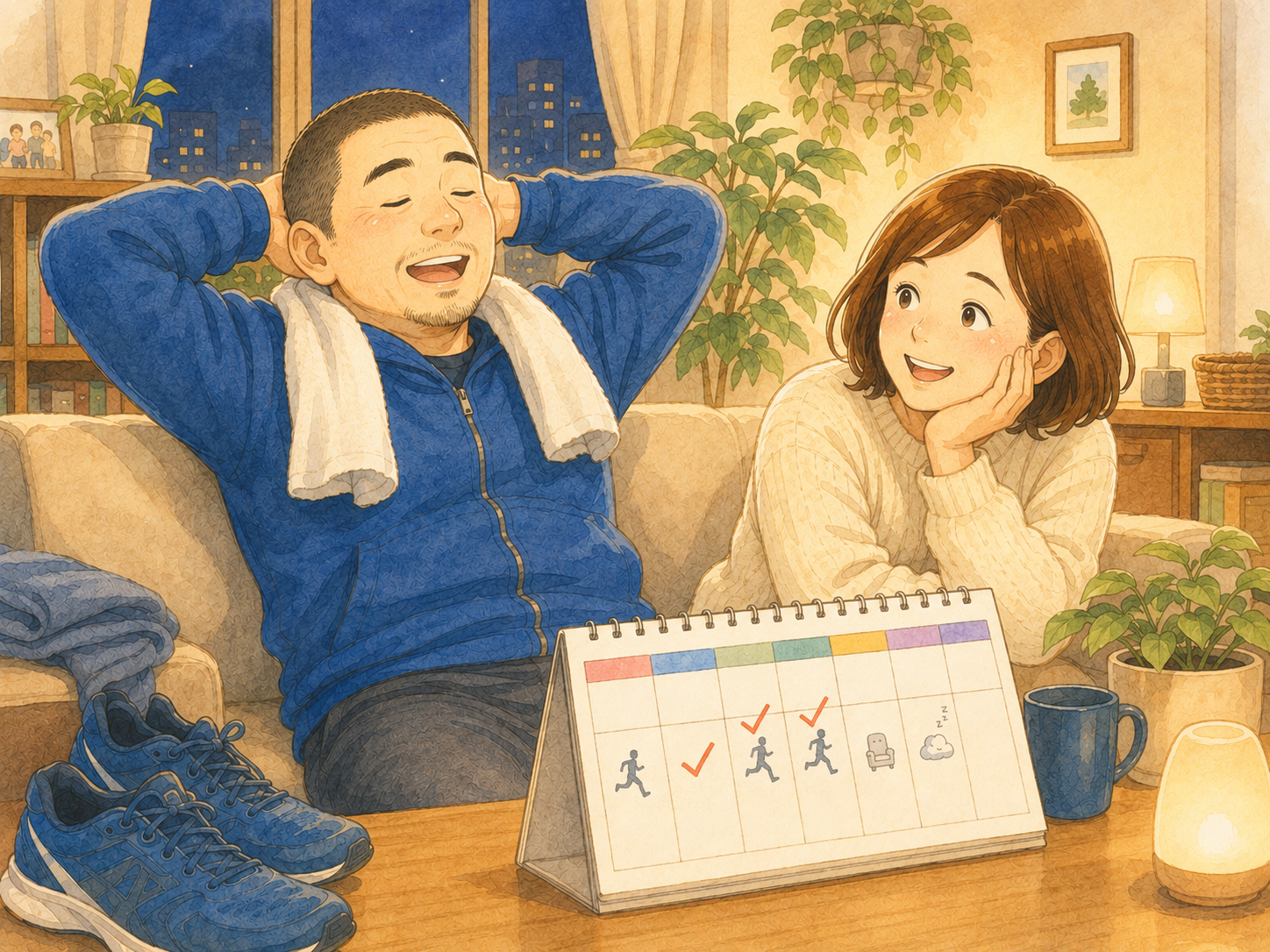 週3回のランニングを続けながら休む日も大切にする夫婦のイラスト