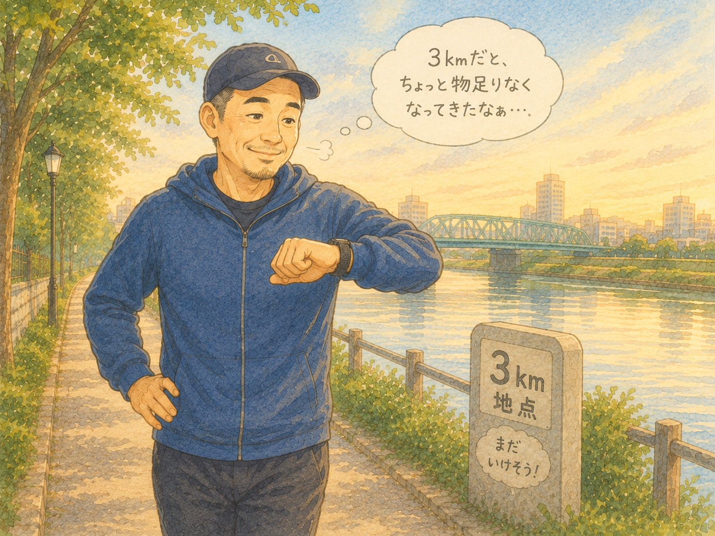 3kmを走り終えてまだ少し走れそうだと感じている男性のイラスト