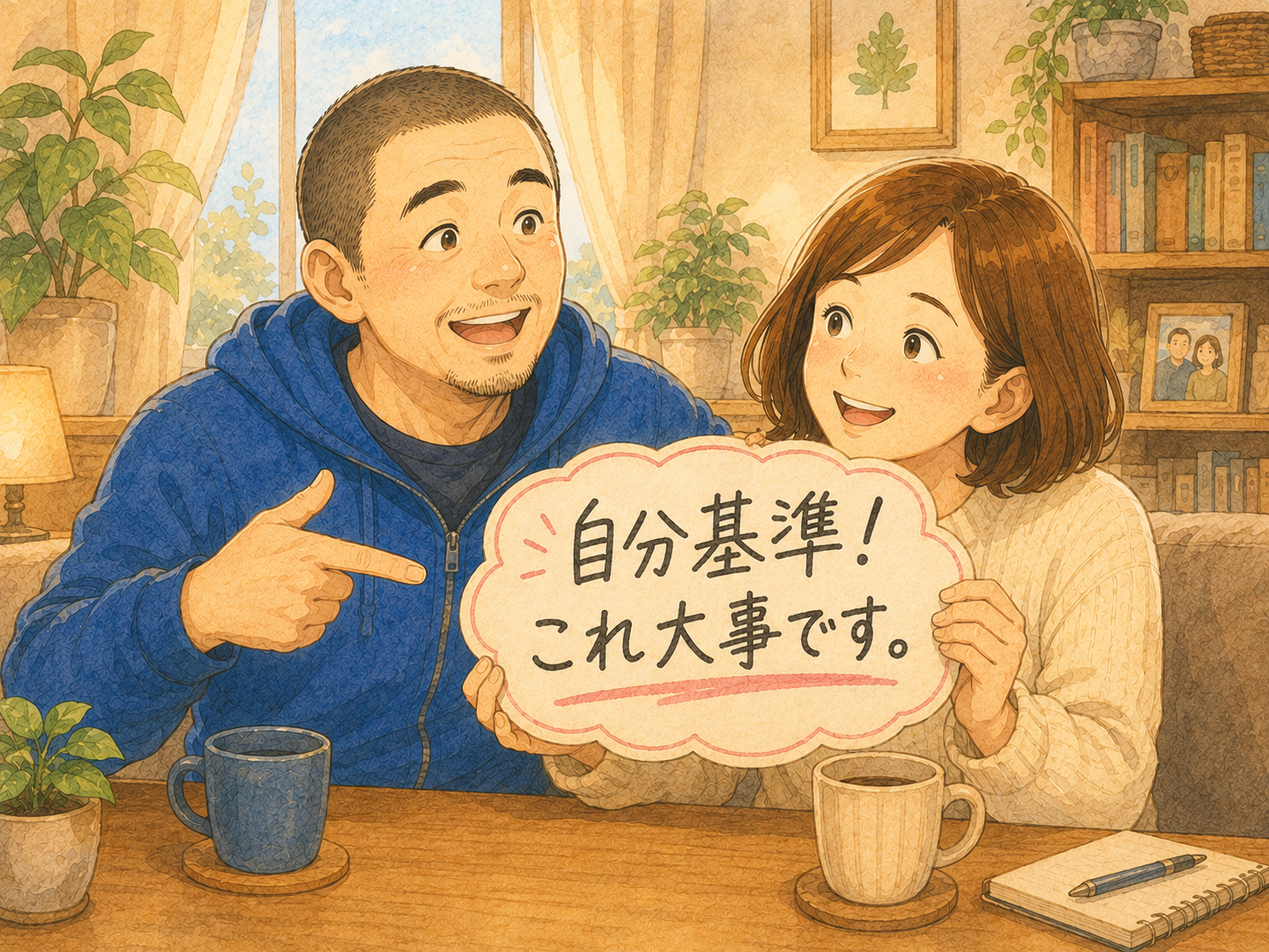 自分基準で走ることが大事だと伝える夫婦のイラスト