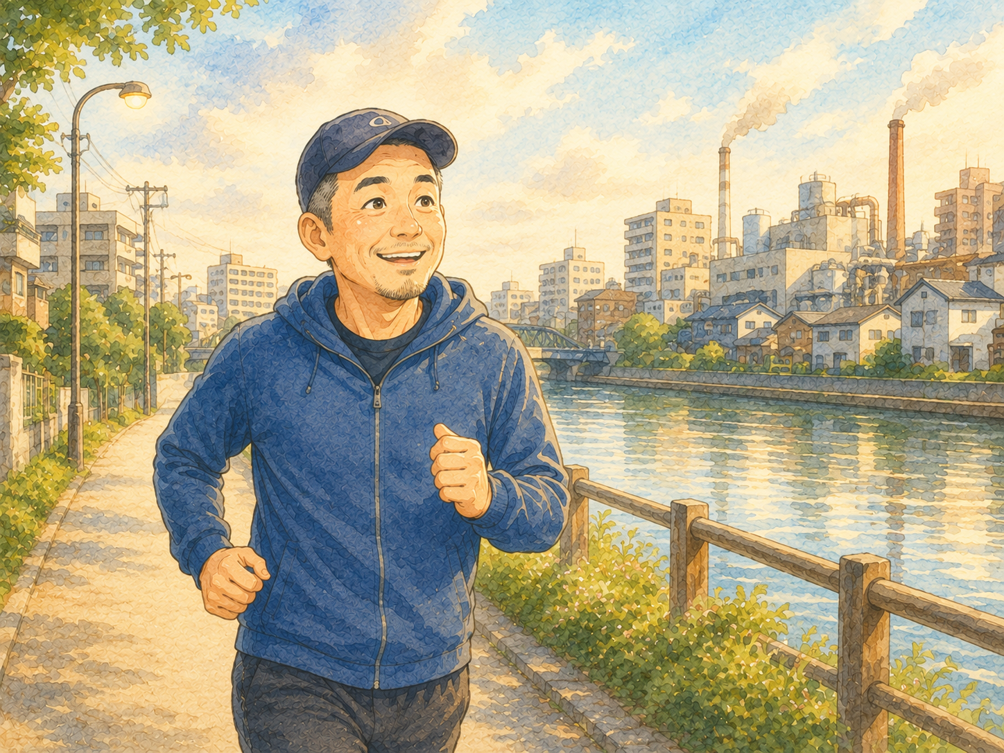 工場や住宅が立ち並ぶ、いつもと真逆方向の川沿いコースを走る男性のイラスト